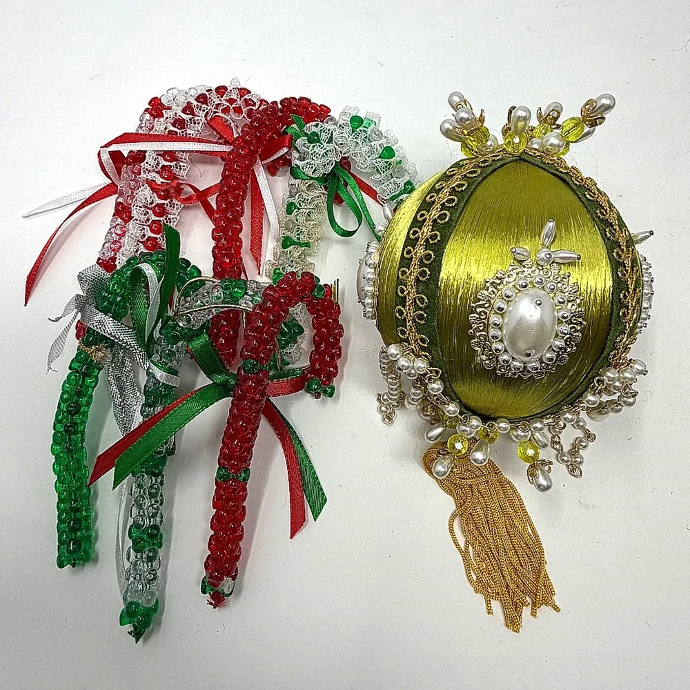 Vintage Handmade Beaded Christmas Ornament Lot 8 Candy Canes Tassel